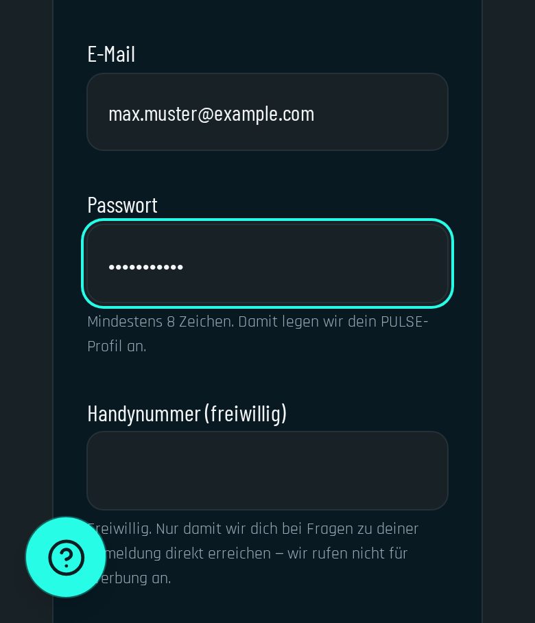 Anmeldeformular mit E-Mail und Passwort am Beispielprofil