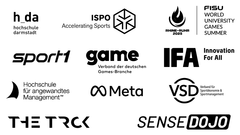 Logos von Kooperations- und Netzwerkpartnern: h_da Hochschule Darmstadt, ISPO, FISU World University Games Rhine-Ruhr 2025, sport1, game e.V., IFA, Hochschule für angewandtes Management, Meta, VSD, THE TRCK, SENSE DOJO