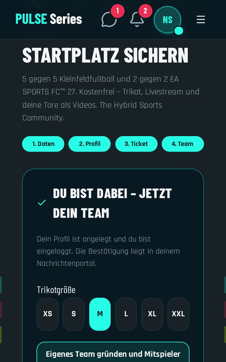 Teamwahl mit Trikotgröße am Beispielprofil