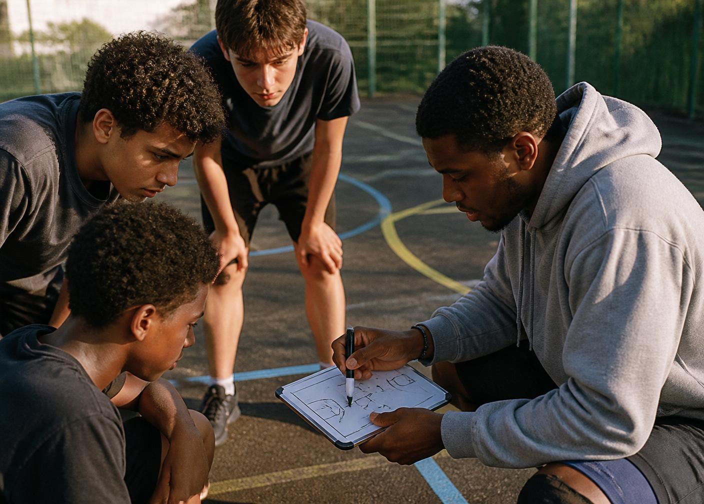PULSE Coach erklärt jungen Spielerinnen und Spielern eine Taktik auf dem Court