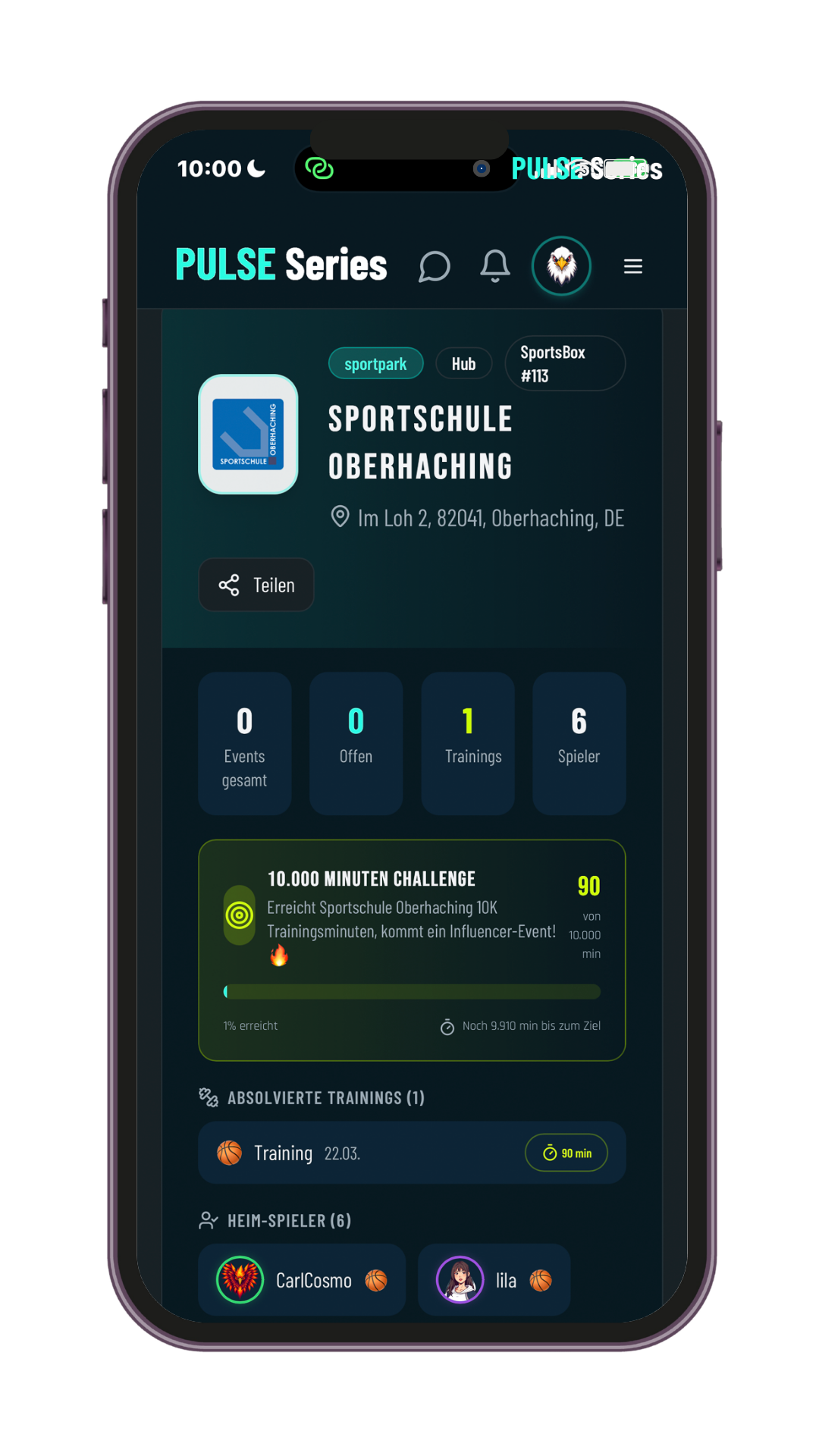 Hub-Dashboard mit Trainings-Challenge und Heim-Spielern
